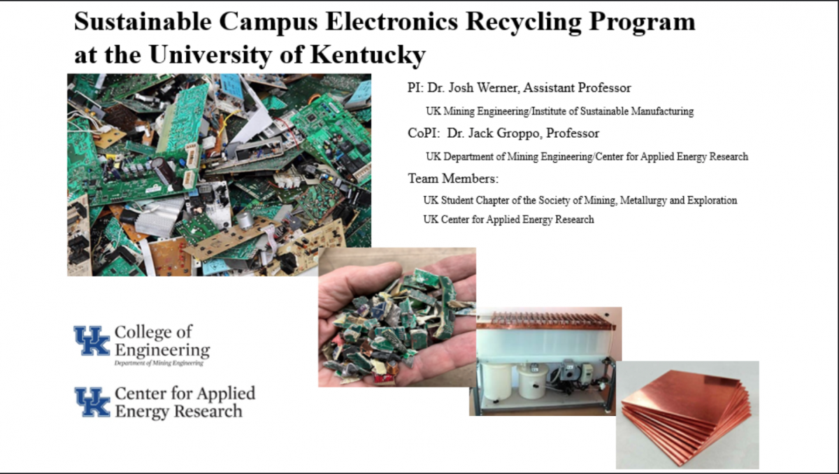 Photos of the steps for copper recycling from circuit boards is shown starting with a collection of boards, before being cuopped and electrochemically treated to create pure plates of copper.