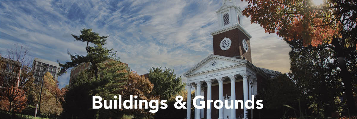 A campus building, at the bottom of the image is text that reads "Buildings and grounds"