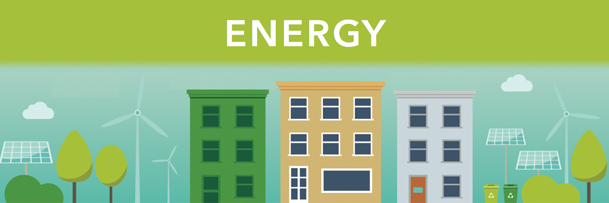 An abstract drawing of buildings, at the top the word energy is printed in large text.