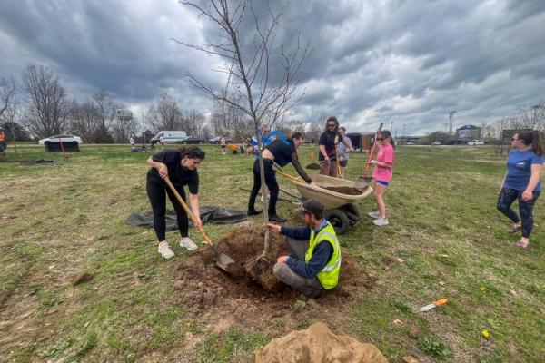 students planting trees