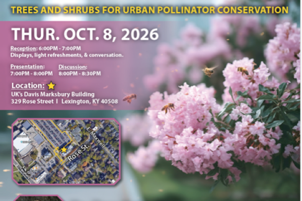 Event poster that shows a flowering tree with a bee pollinating the flowers