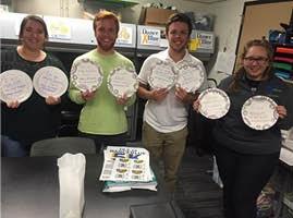 four students hold up paper plates with text too small to read on them.