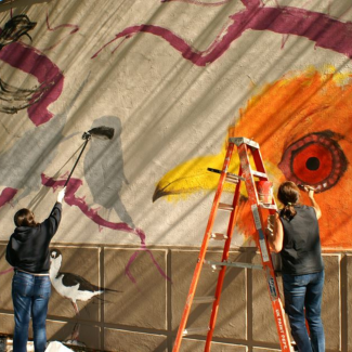 Two students paint birds on an exterior building wall