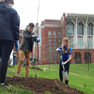 Students planting a sapling on campus in front of Willy T Library