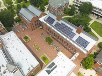 Aerial view of RGAN engineering building with solar panels on full display