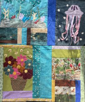 quilt patch including a coral reef, jellyfish, vase of flowers, and woodland scene