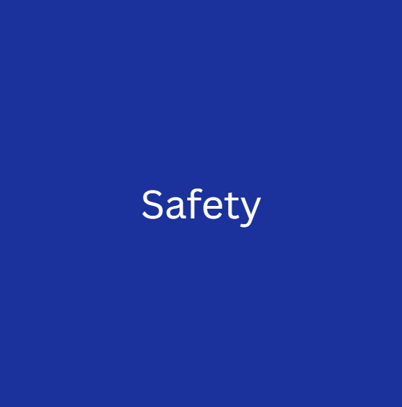 Square image, UK blue background, white text reads "Safety"