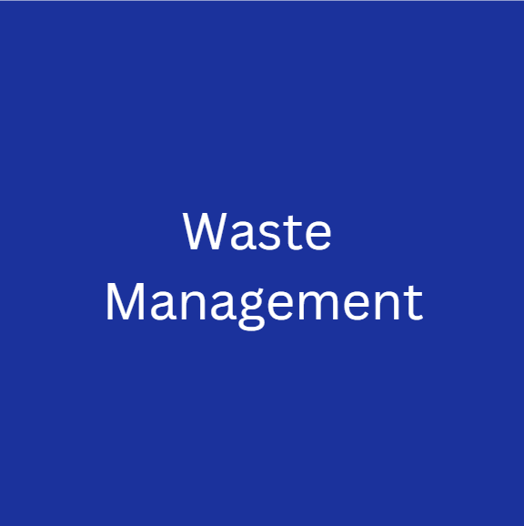 Square image, UK blue background, white text reads "Waste Management"