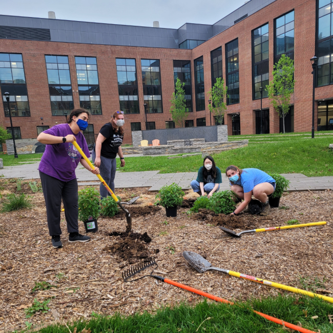 Quincy and team work on pollinator garden behind JSB