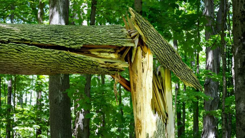Close-up of a tree in a forest that has snapped and split apart, exposing jagged, light-colored wood beneath the bark. A large fallen section of the trunk rests across the broken stump, while surrounding trees and dense green foliage fill the background. 