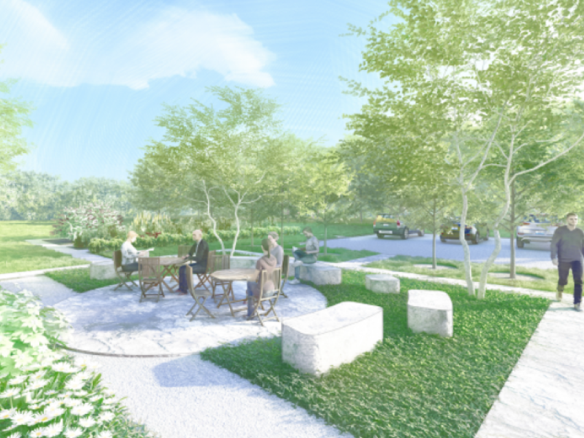 Rendering of an outdoor campus plaza with people seated at a table on a paved patio, surrounded by grass, trees, and walking paths.