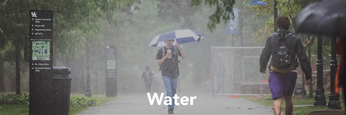 A student walking through the rain while holding an umberella. At the bottom of the image is text that reads "water"
